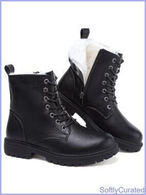 Womens Combat Winter Boots Fur Lined Snow Boots Lace Up Side Zip Faux Leather
